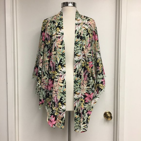 Reverse Floral Cardigan with Wide Sleeves and Poms - Picture 1 of 7